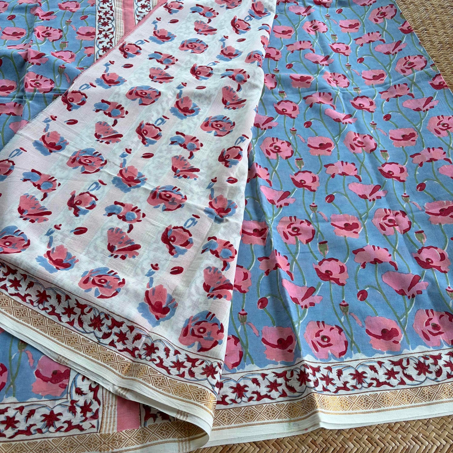 Blue, Jaipur Hand Block Printed On Madurai Cotton Saree With Zari