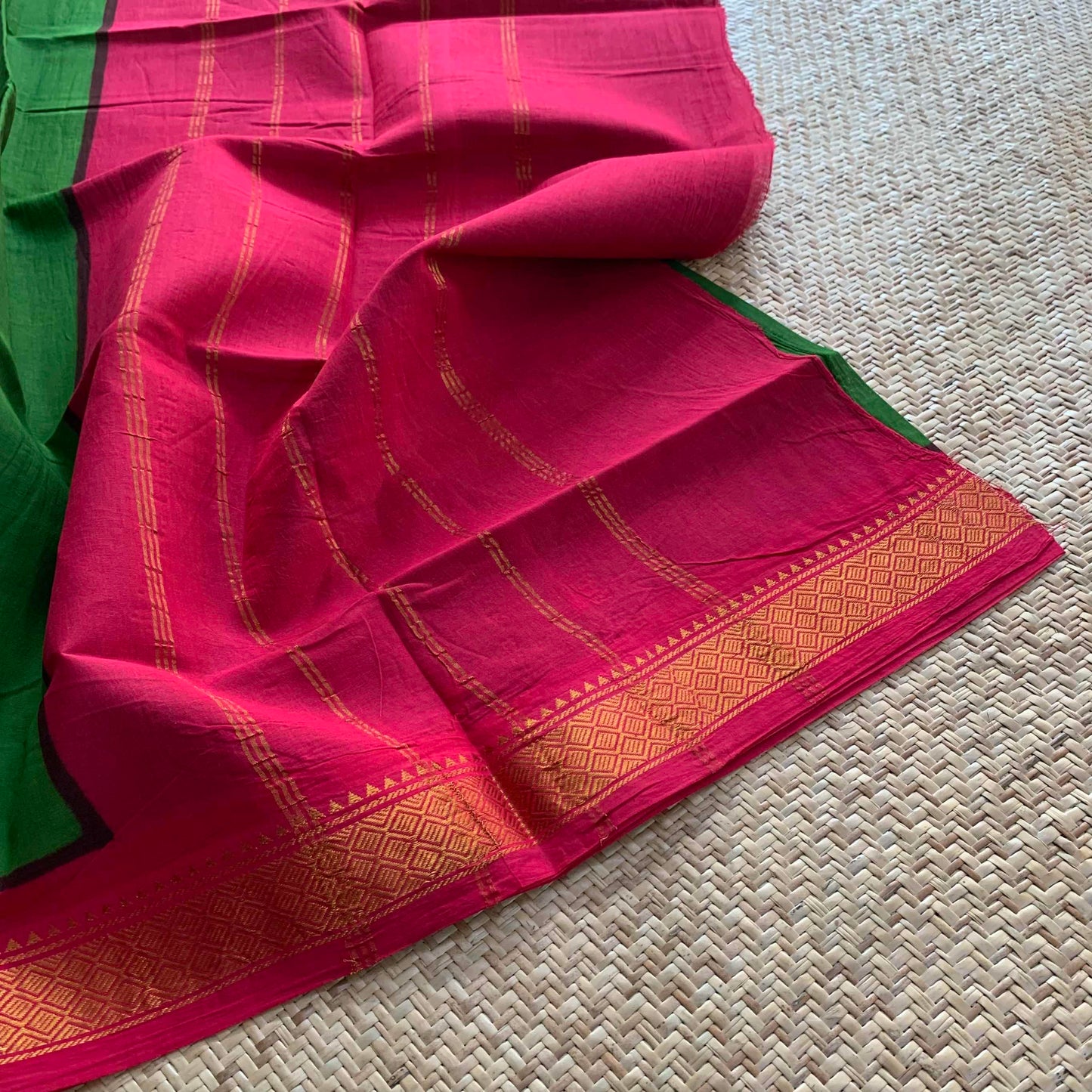 Green Saree With Pink Half Fine Zari Border, Clamp dyed (Kattu sayam).