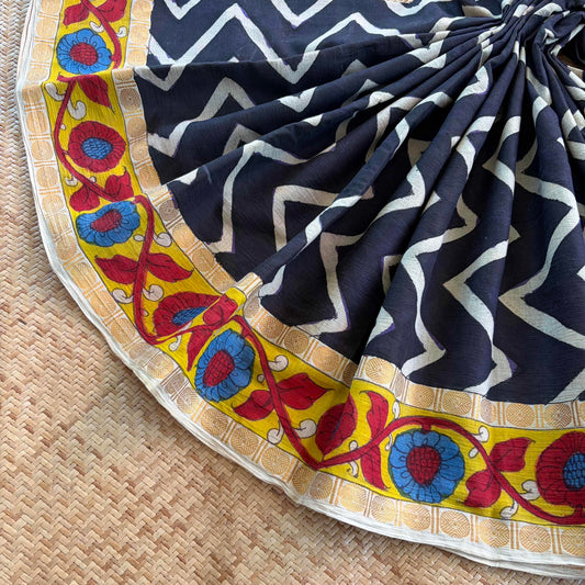 Herringbone Kalamkari Hand Painted on Cotton Sungudi Saree With Blouse