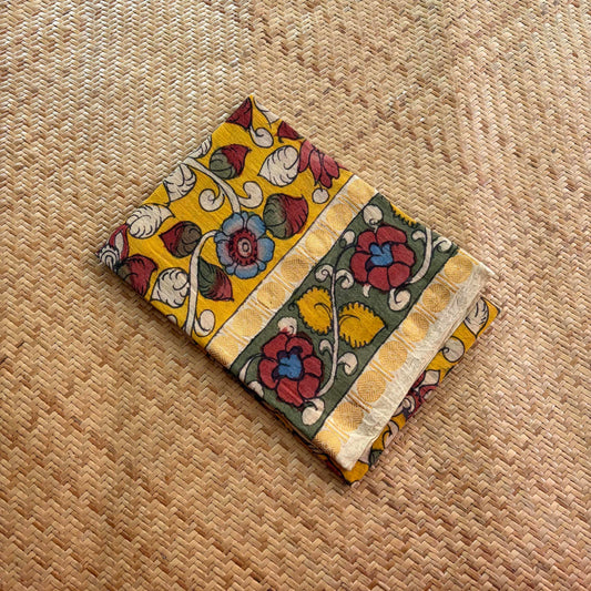 Yellow Floral, Kalamkari Hand Painted on a Madurai Sungudi Cotton 1.20 METER FABRIC