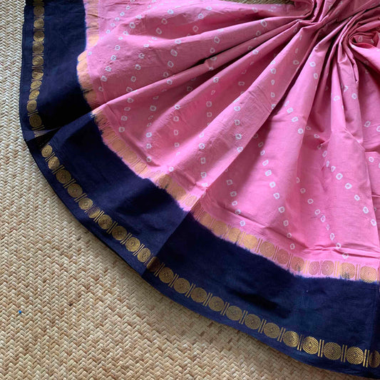 Pink Saree With Black Border, Hand knotted Sungudi On a Rudraksham Border Cotton saree, Kaikattu Sungadi