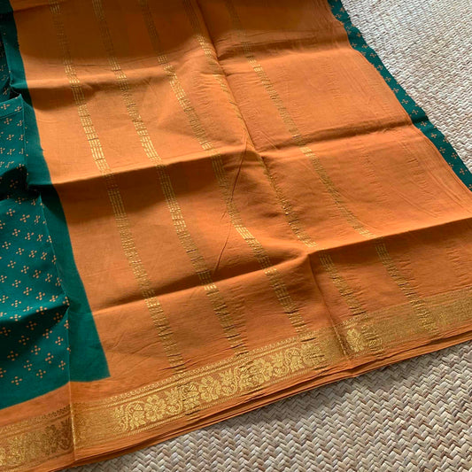 Green With Mustard Wax Print, Half Fine Zari Premium Sungudi Cotton Sarees