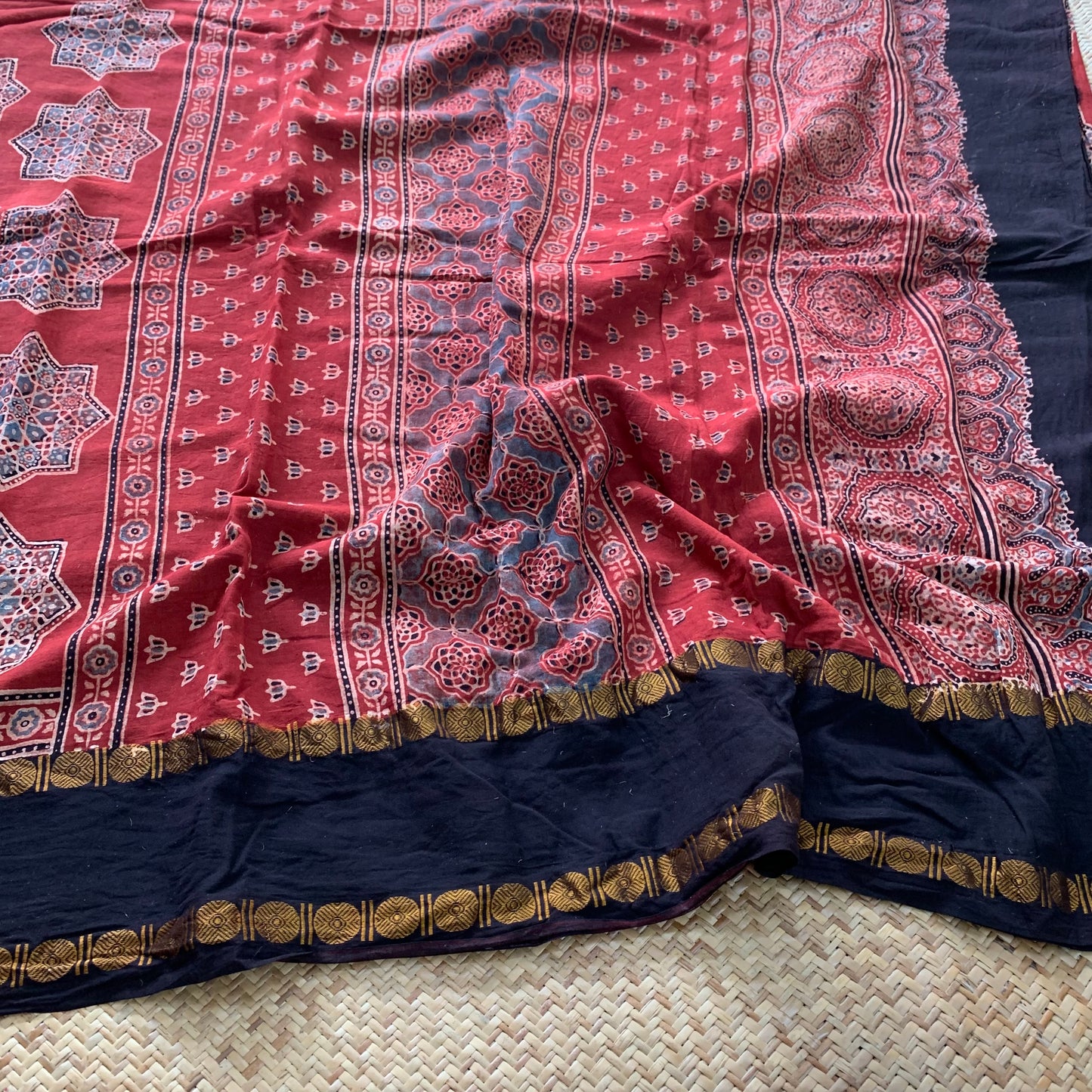 Star-Manjistha, Ajrak Hand Block Printed On Madurai Cotton Saree With Zari