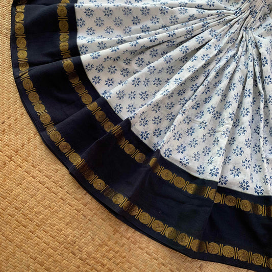 Rudraksham Border With Block Print, White With Navy