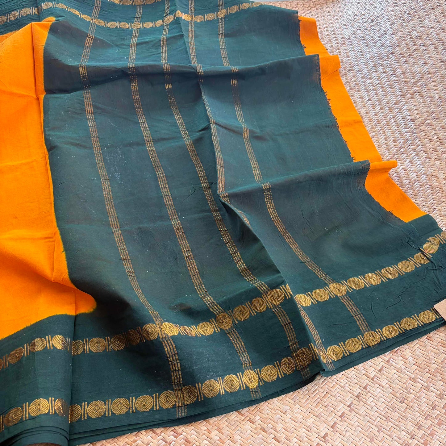 Yellow Saree With Running Blouse , Zari Rudraksham Rettai Pettu Border , Clamp dyed (Kattu sayam)