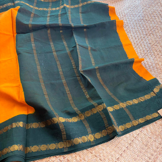 Yellow Saree With Running Blouse , Zari Rudraksham Rettai Pettu Border , Clamp dyed (Kattu sayam)