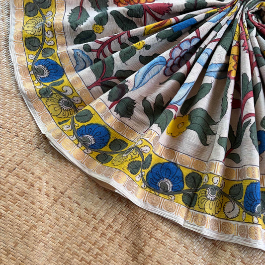 Cream, Kalamkari Hand Painted on Cotton Sungudi Saree With Blouse