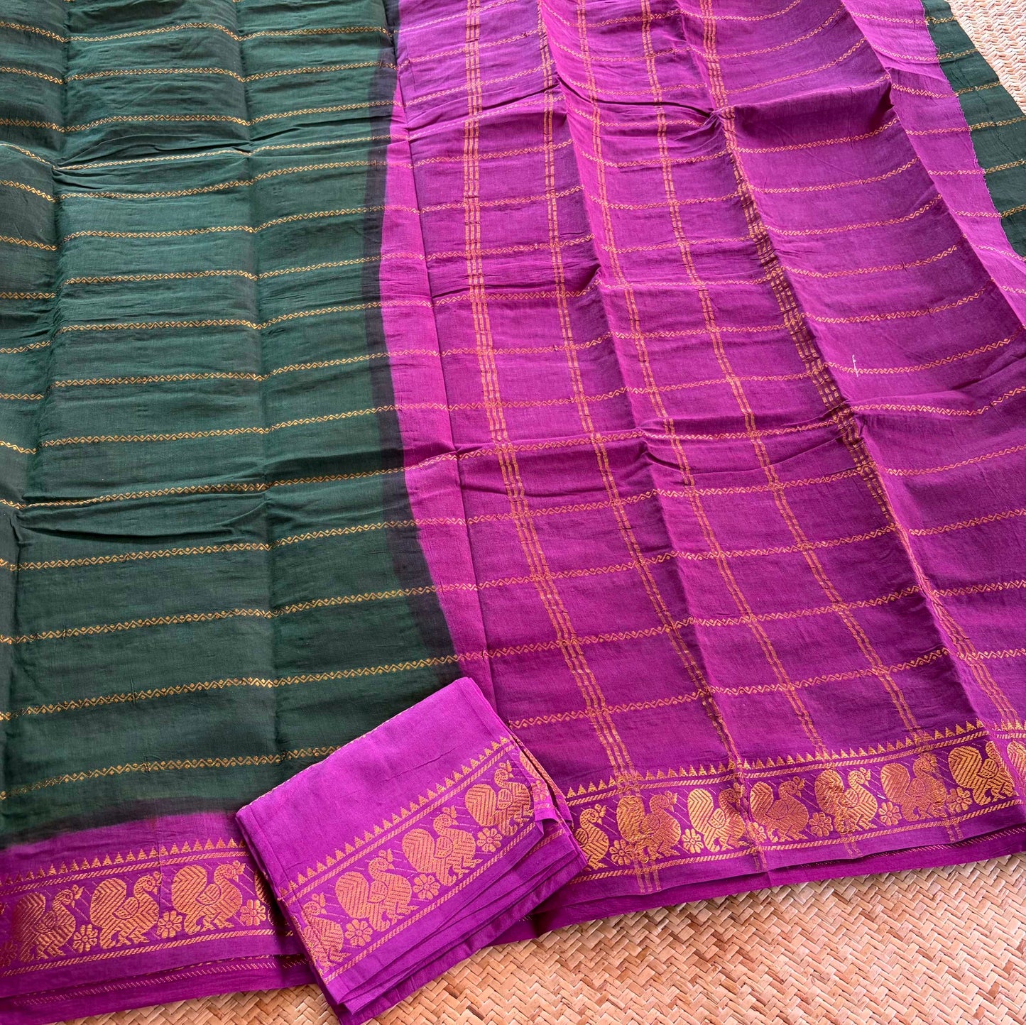 Bottle Green saree with Purple Border, Zari Velthari Madurai Sungadi Saree with blouse