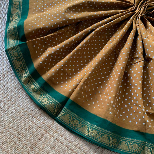 Mustard With Green Wax Print, Half Fine Zari Premium Sungudi Cotton Sarees