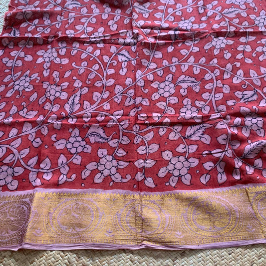 Maroon Floral, Kalamkari Hand Painted on a Madurai Sungudi Cotton CUT FABRIC