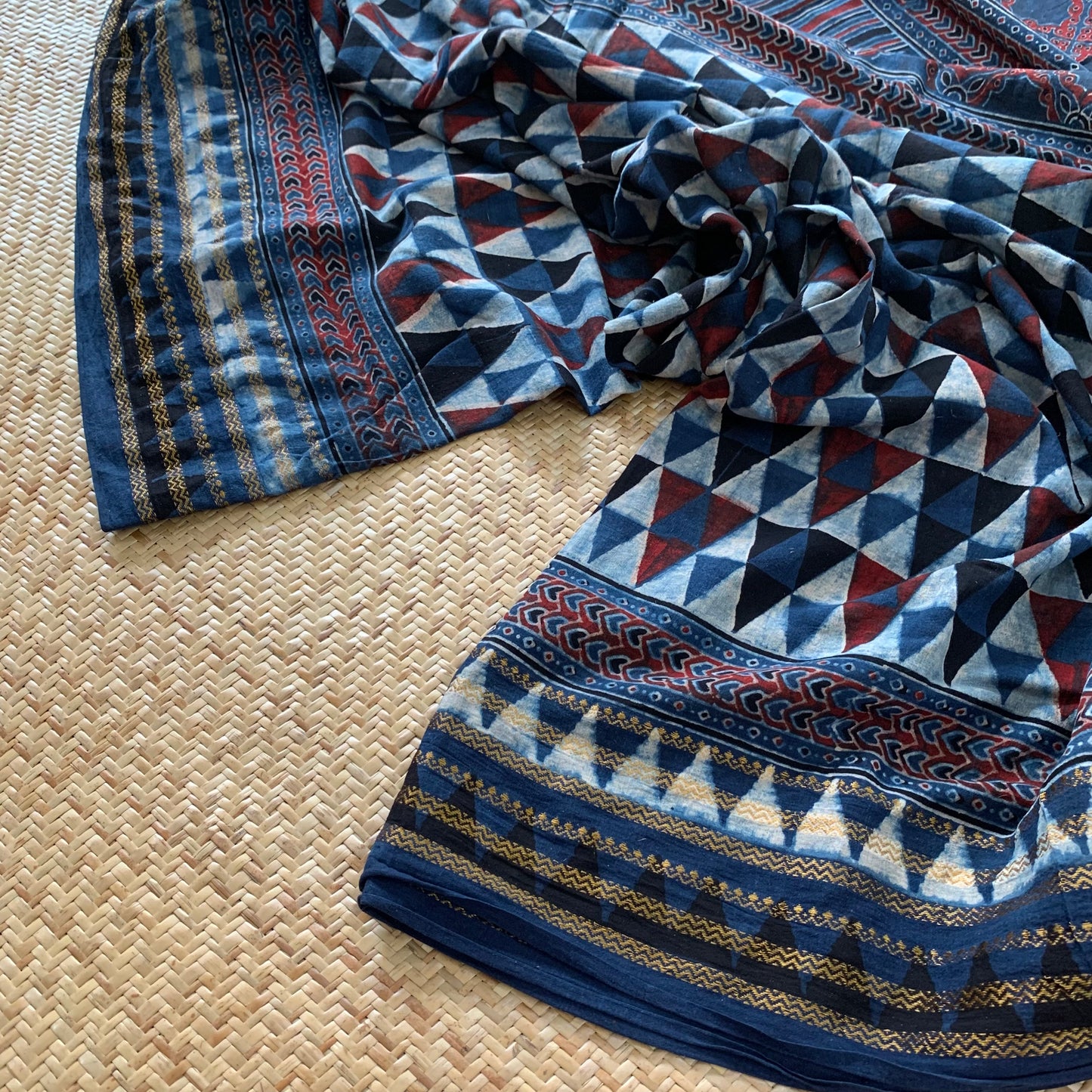 Triangles-Indigo, Ajrak Hand Block Printed On Madurai Cotton Saree With Zari