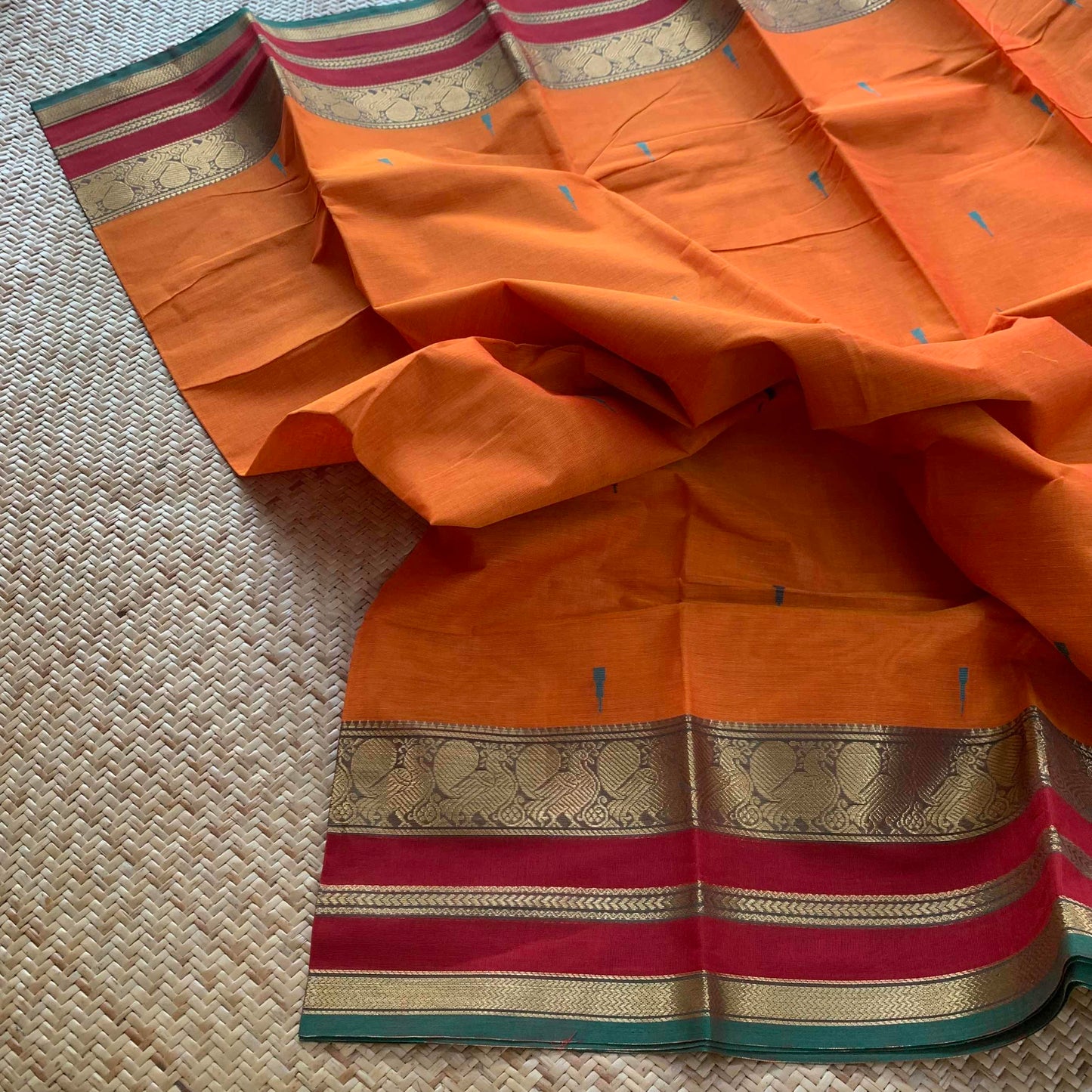 Chettinad Cotton Saree, Orange Saree with Red Border