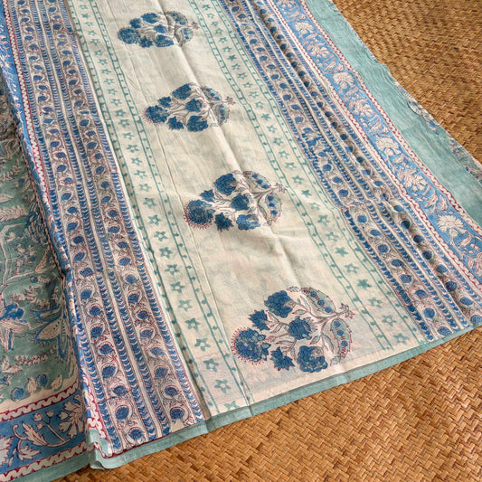 Mul Mul Cotton saree, Hand Block Printed, Blue
