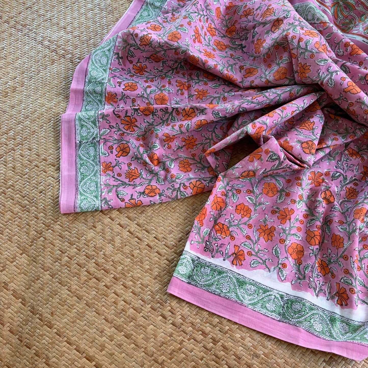 Mul Mul Cotton saree, Hand Block Printed, Pink