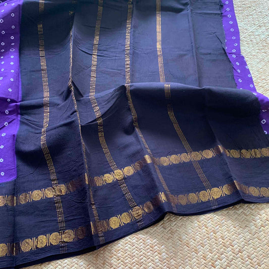Voilet Saree With Black Border, Hand knotted Sungudi On a Rudraksham Border Cotton saree, Kaikattu Sungadi