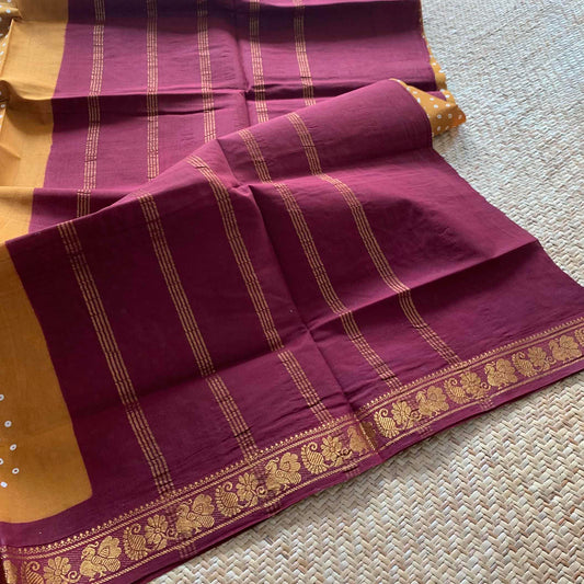 Mustard With Brown Wax Print, Half Fine Zari Premium Sungudi Cotton Sarees