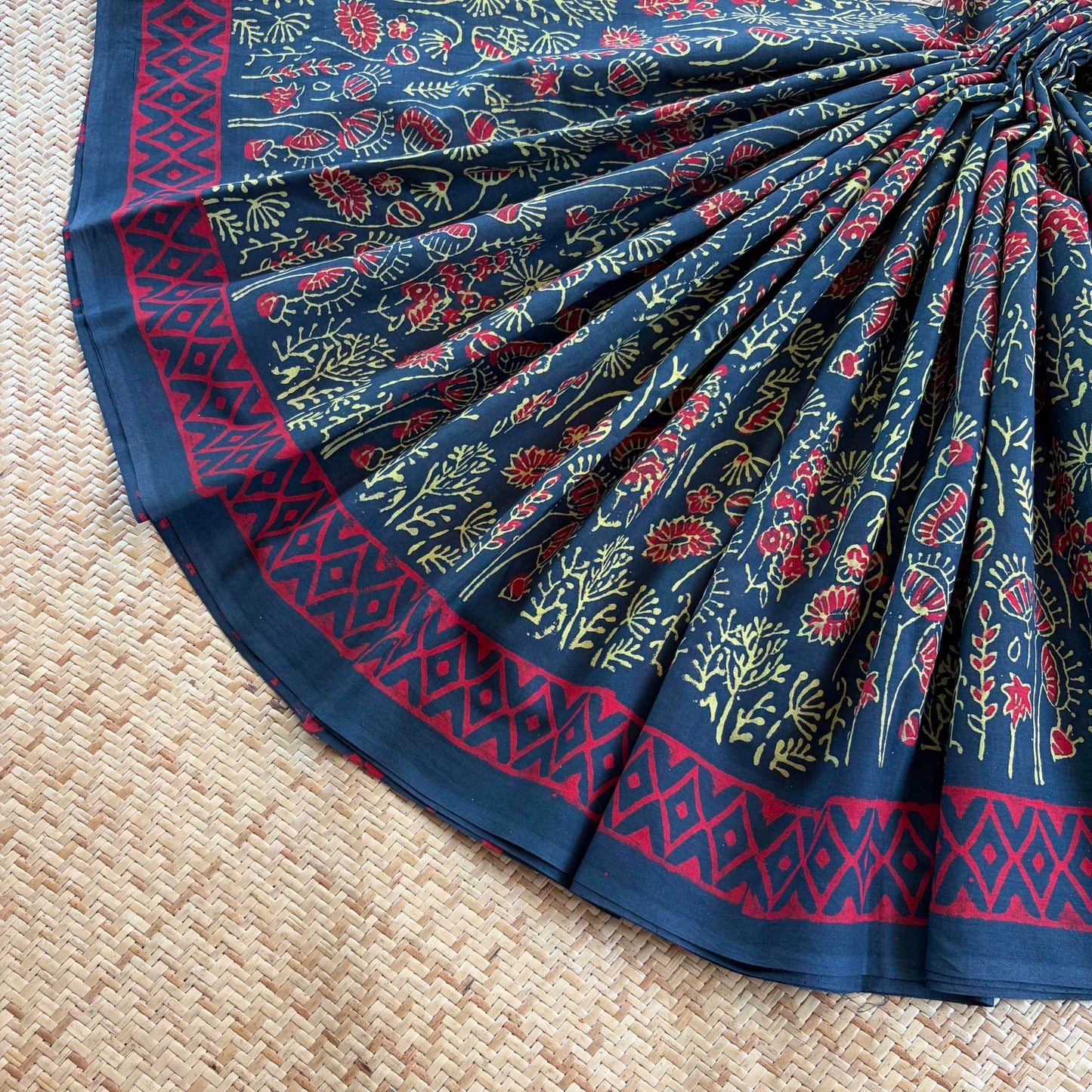 Mul Mul Cotton saree, Hand Block Printed, Green