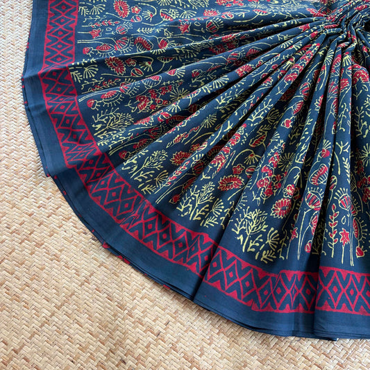 Mul Mul Cotton saree, Hand Block Printed, Green