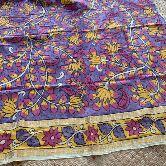 Purple Floral, Kalamkari Hand Painted on a Madurai Sungudi Cotton BLOUSE