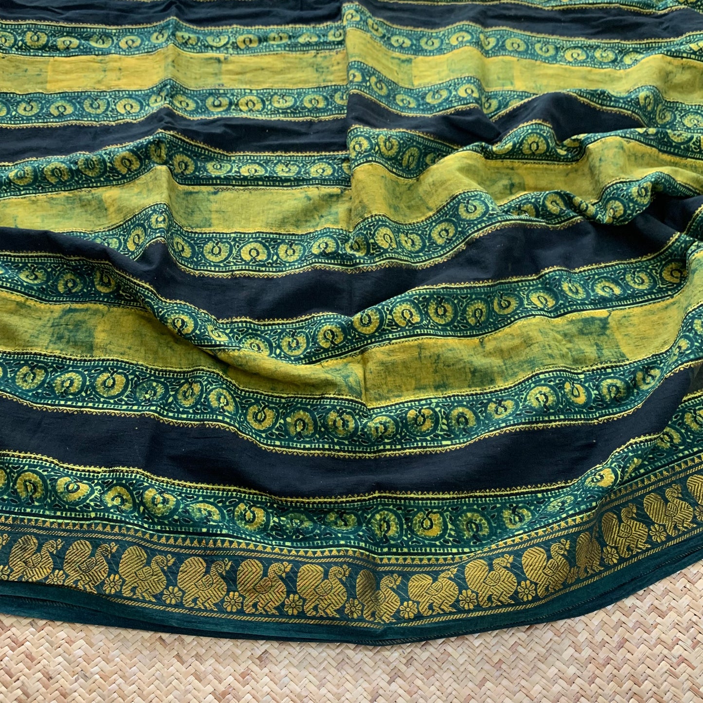 Trailing Plants-Green, Ajrak Hand Block Printed On Madurai Cotton Saree With Zari