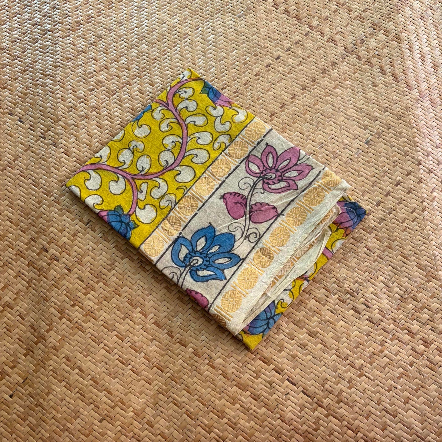 Yellow Floral, Kalamkari Hand Painted on a Madurai Sungudi Cotton 1.20 METER FABRIC