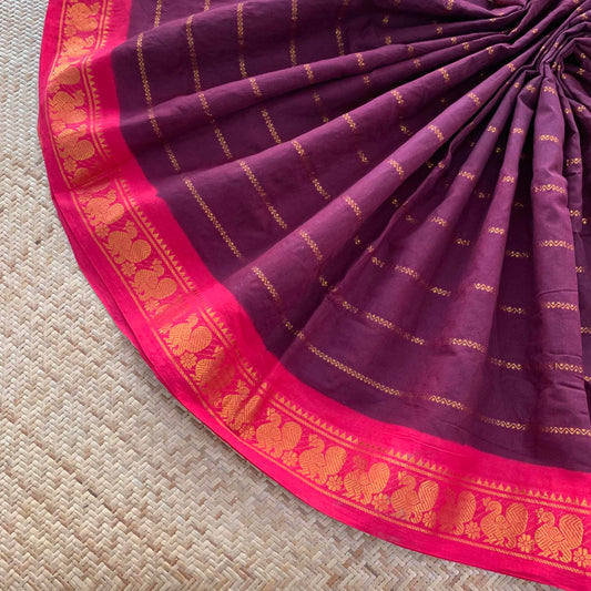 Beetle Nut Brown Saree With Pink Border, Zari Velthari Madurai Sungadi Saree