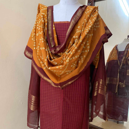 Mustard Dupatta And Top Fabric, Hand woven, Hand knotted Sungudi Cotton Kaikattu Sungadi
