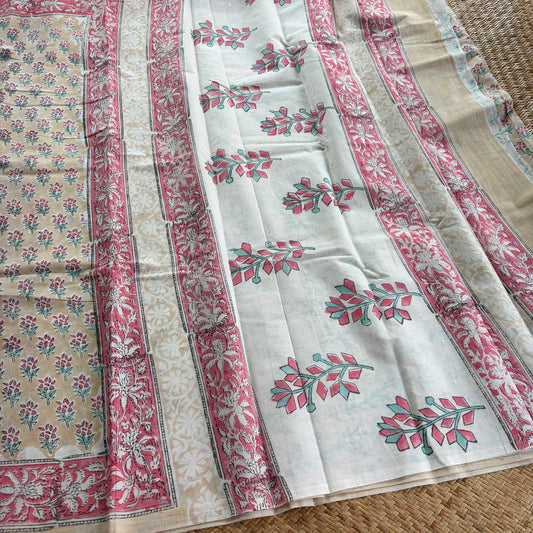 Mul Mul Cotton saree, Hand Block Printed, Sandal