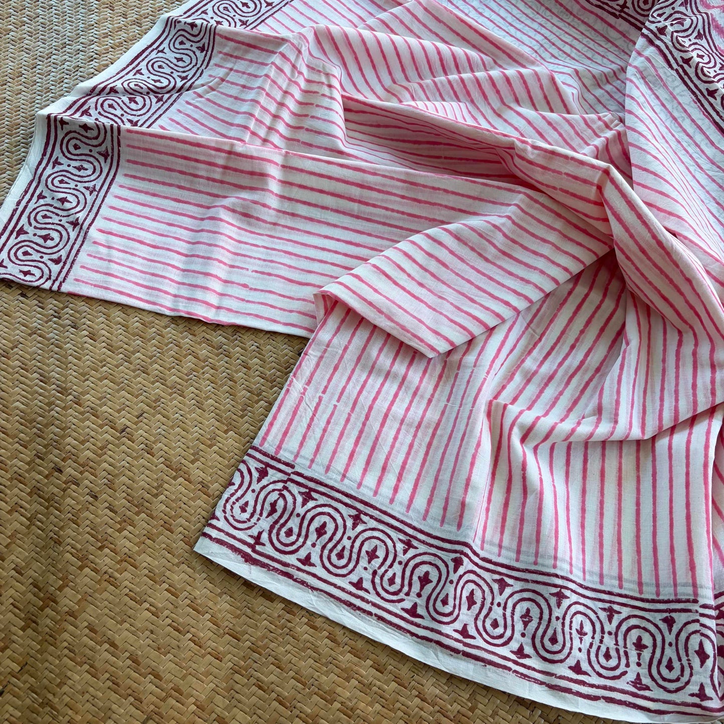 Mul Mul Cotton saree, Hand Block Printed, White