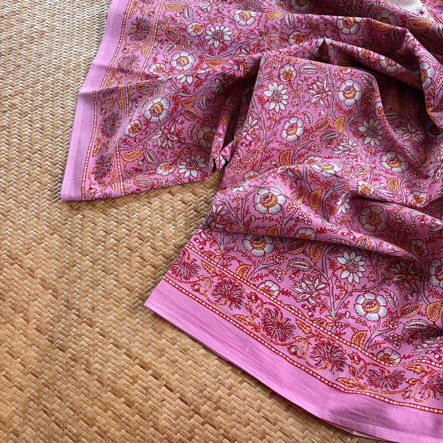 Mul Mul Cotton saree, Hand Block Printed, Pink