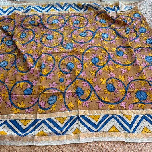 Mustard Floral, Kalamkari Hand Painted on a Madurai Sungudi Cotton 1.20METER FABRIC