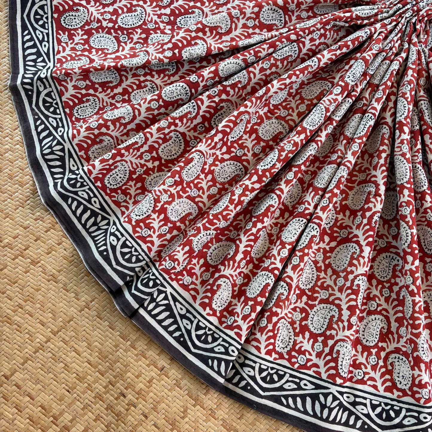 Mul Mul Cotton saree, Hand Block Printed, Red