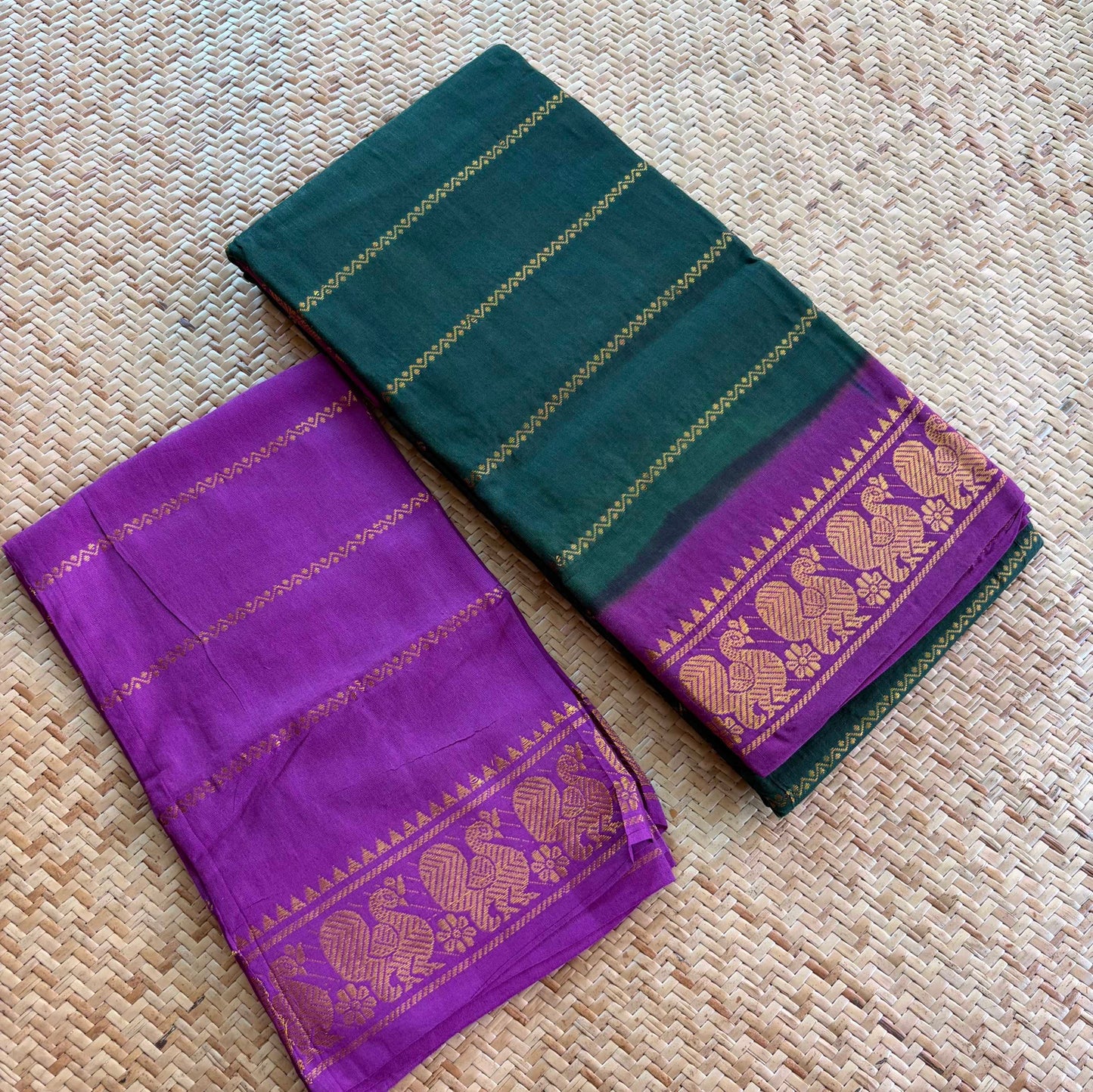 Bottle Green saree with Purple Border, Zari Velthari Madurai Sungadi Saree with blouse