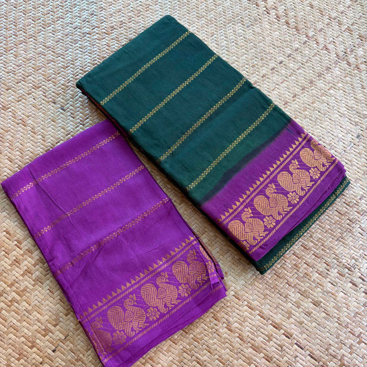 Bottle Green saree with Purple Border, Zari Velthari Madurai Sungadi Saree with blouse
