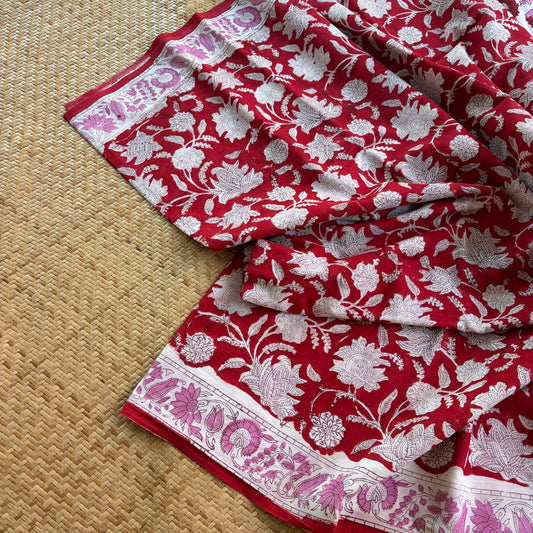 Mul Mul Cotton saree, Hand Block Printed, Red