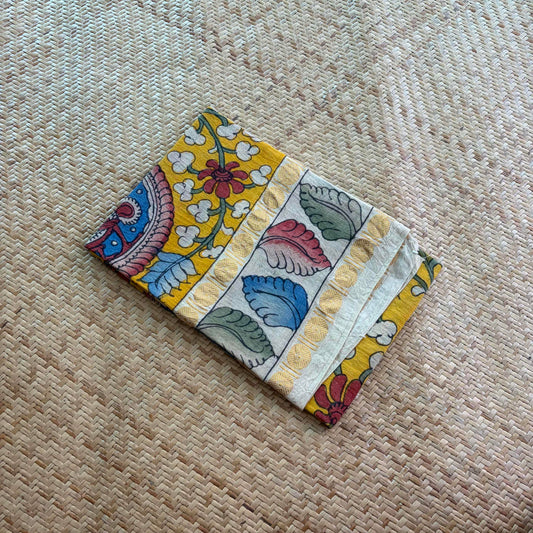 Yellow Floral, Kalamkari Hand Painted on a Madurai Sungudi Cotton 1.20 METER FABRIC