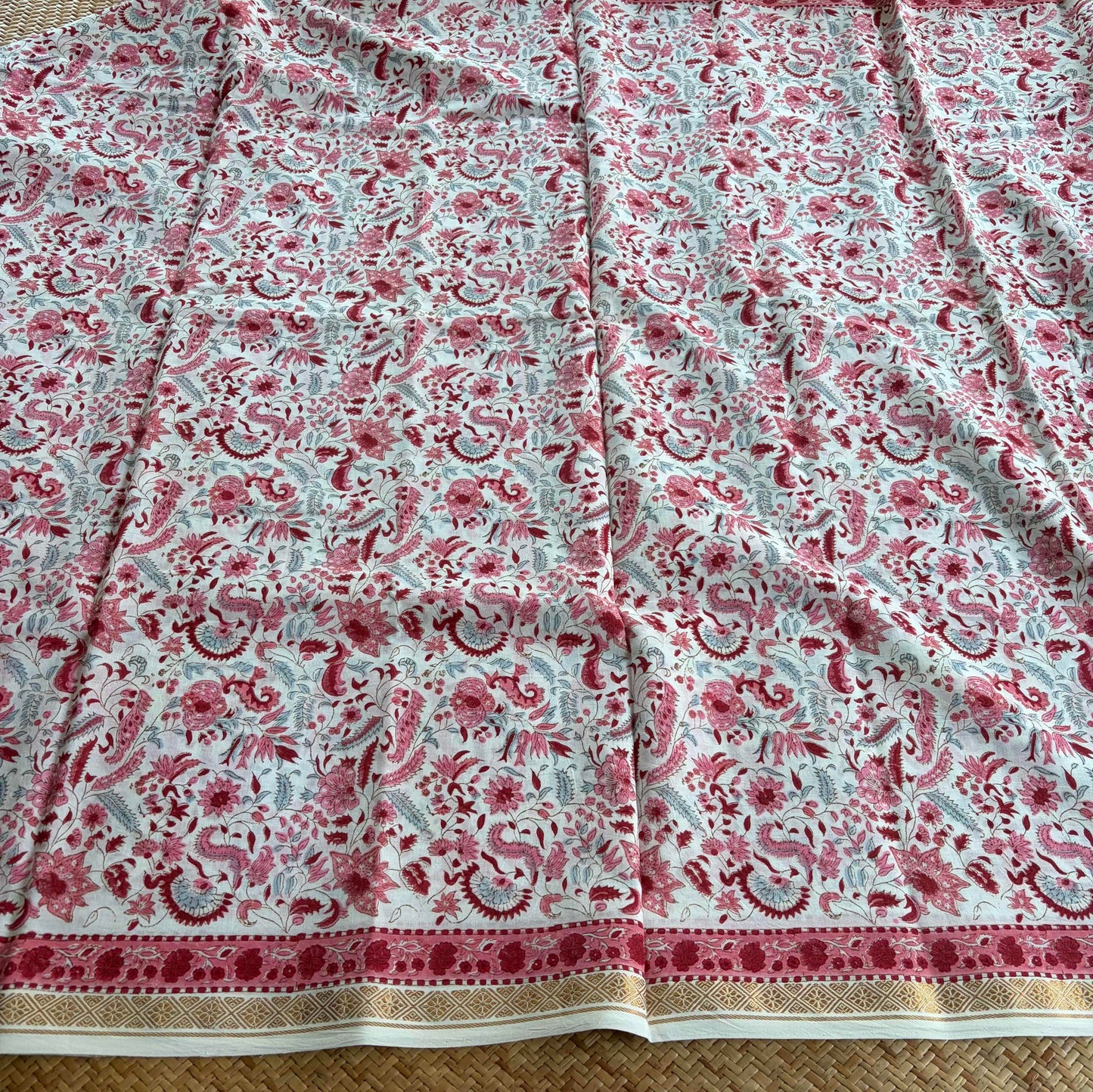 White, Jaipur Hand Block Printed On Madurai Cotton Saree With Zari