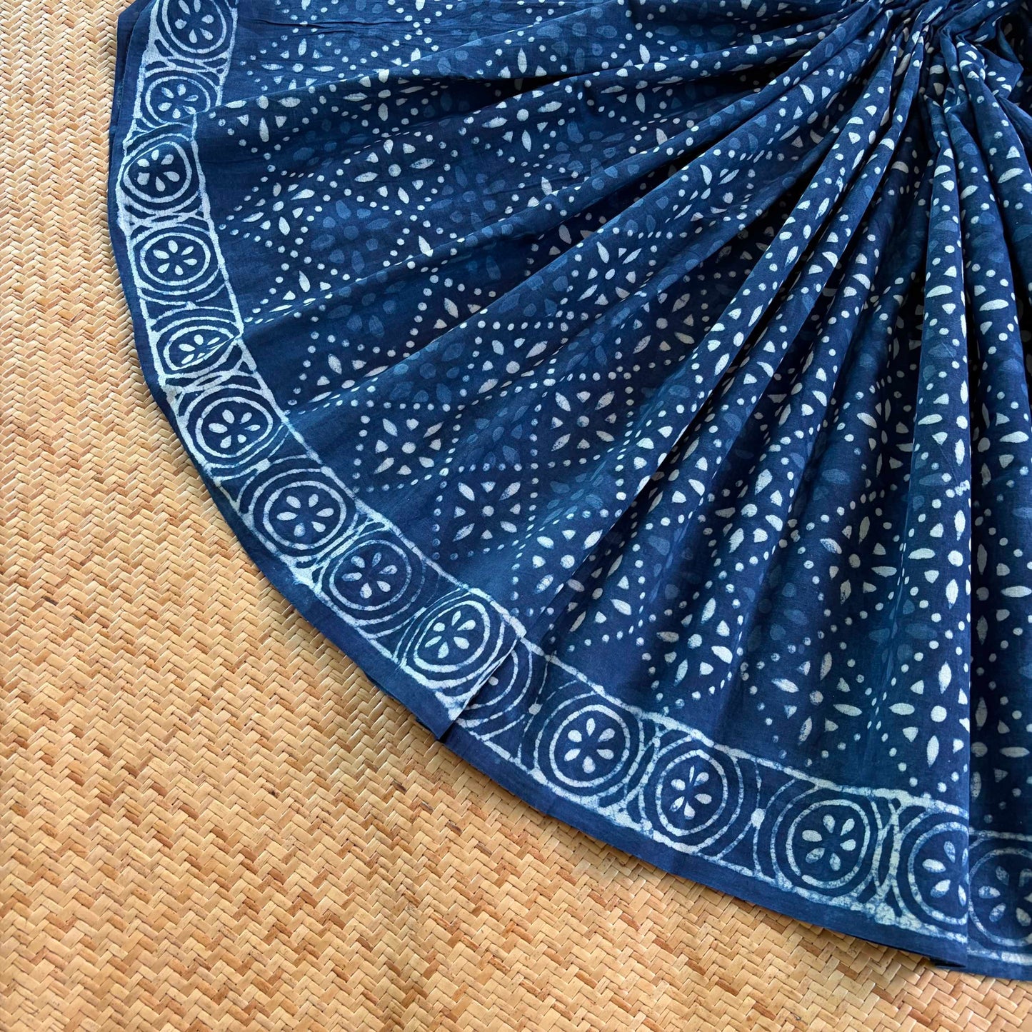 Mul Mul Cotton saree, Hand Block Printed, Blue