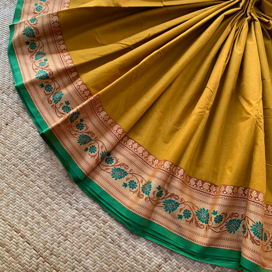 Mustard Saree With Thread Border, Chettinadu Cotton Saree