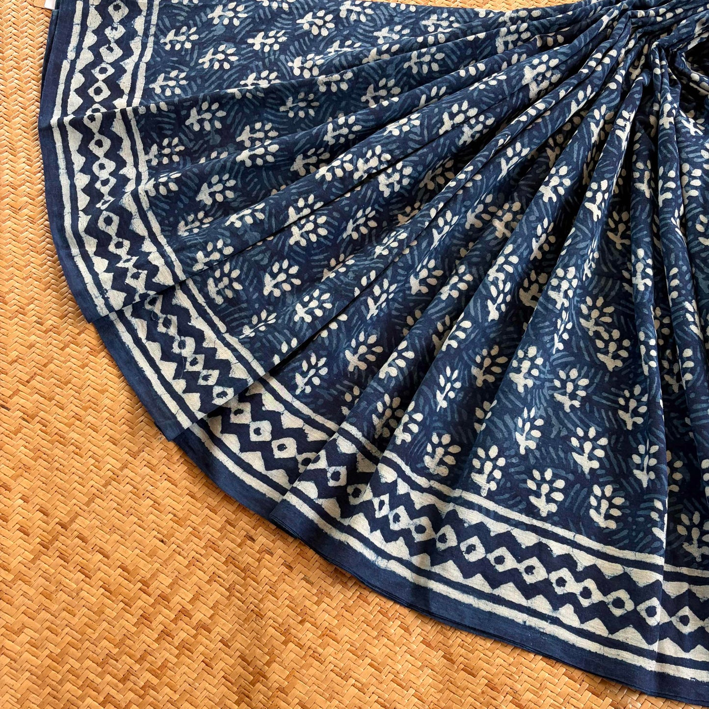 Mul Mul Cotton saree, Hand Block Printed, Indigo