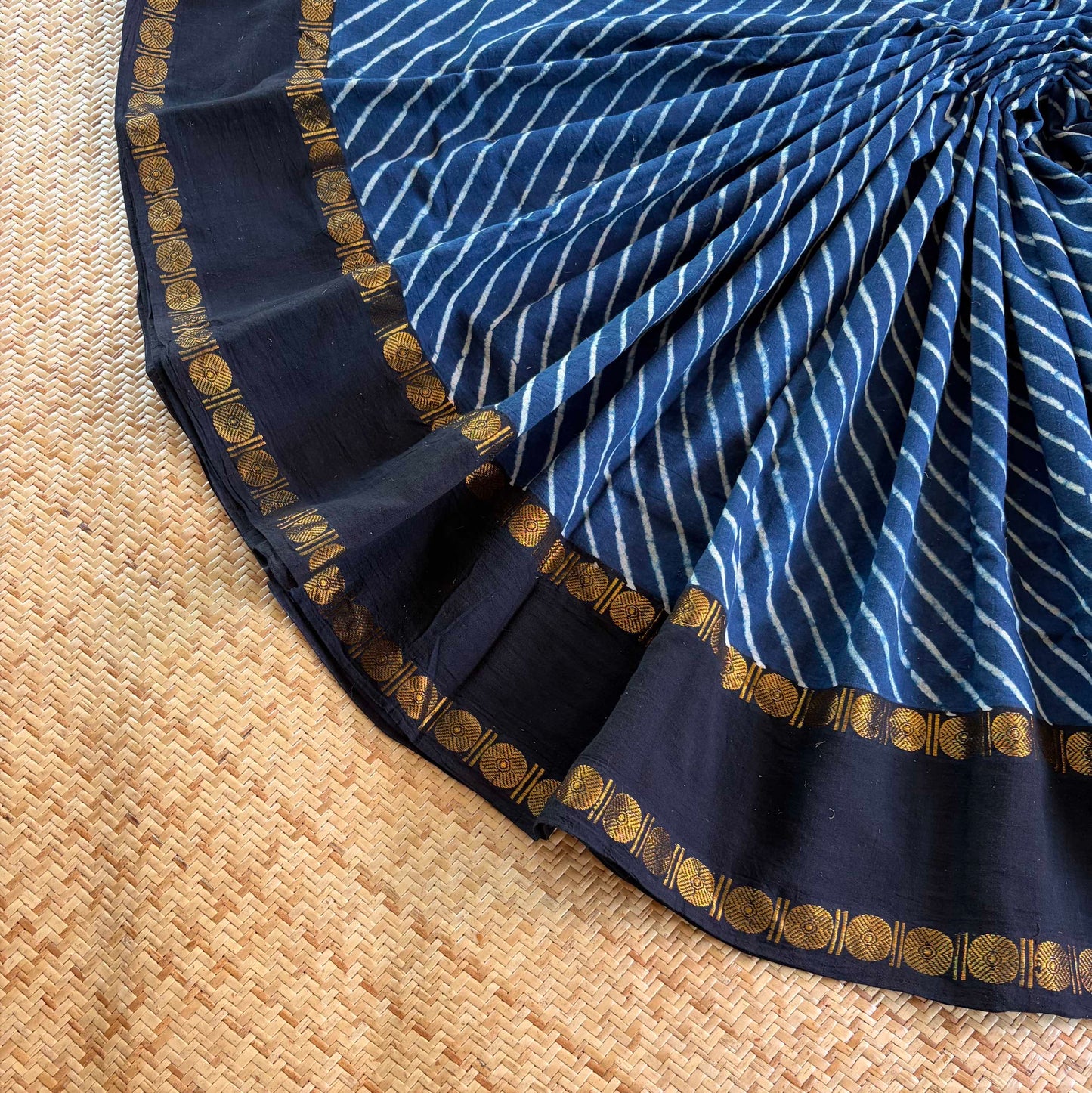 Diagonal Indigo, Ajrak Hand Block Printed On Madurai Cotton Saree With Zari