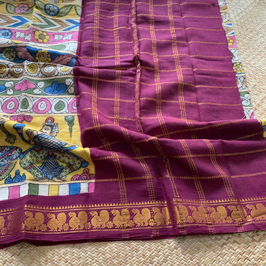 Multicoloured Kalamkari Hand Painted on a Madurai Velthari Sungudi Cotton saree.