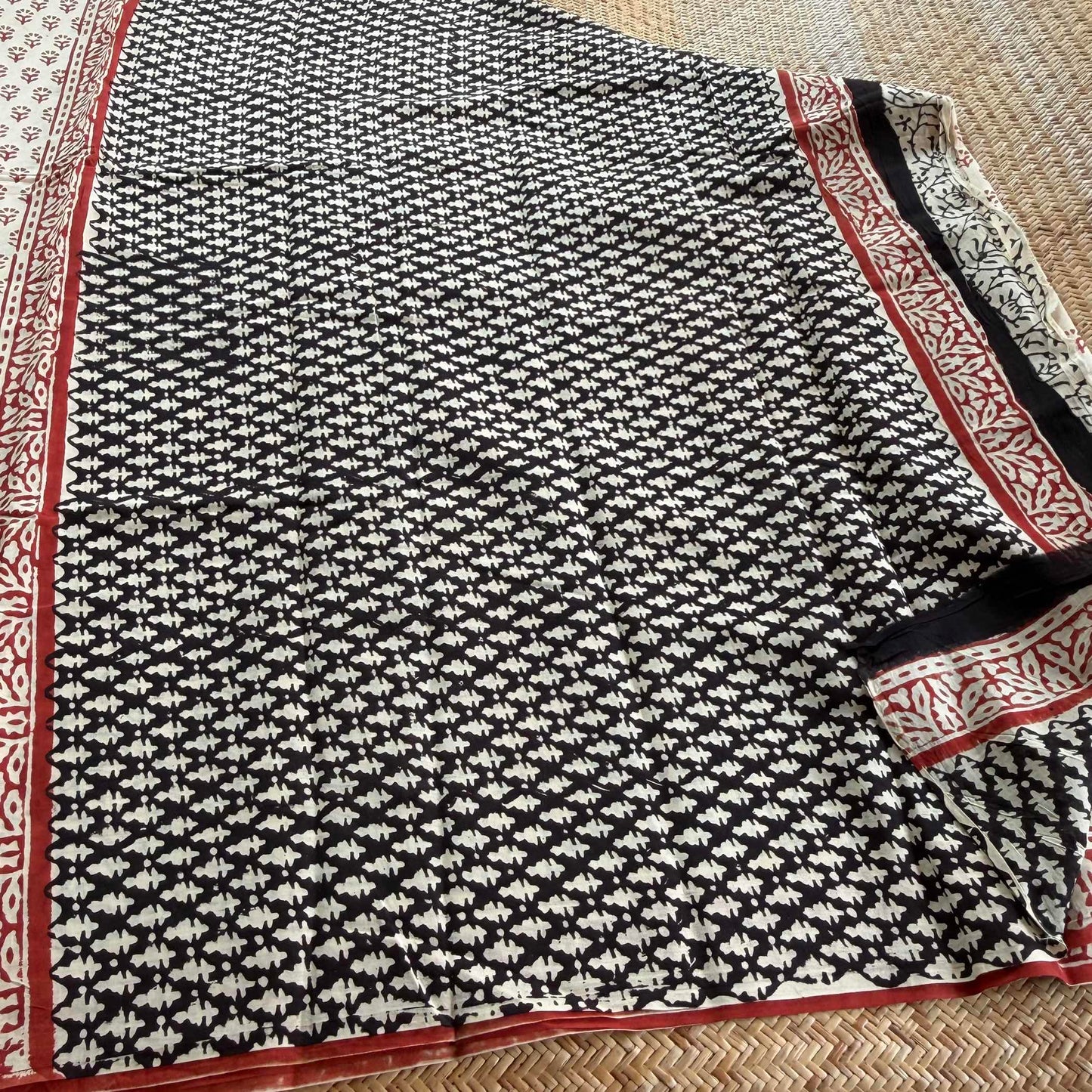 Mul Mul Cotton saree, Hand Block Printed, Cream