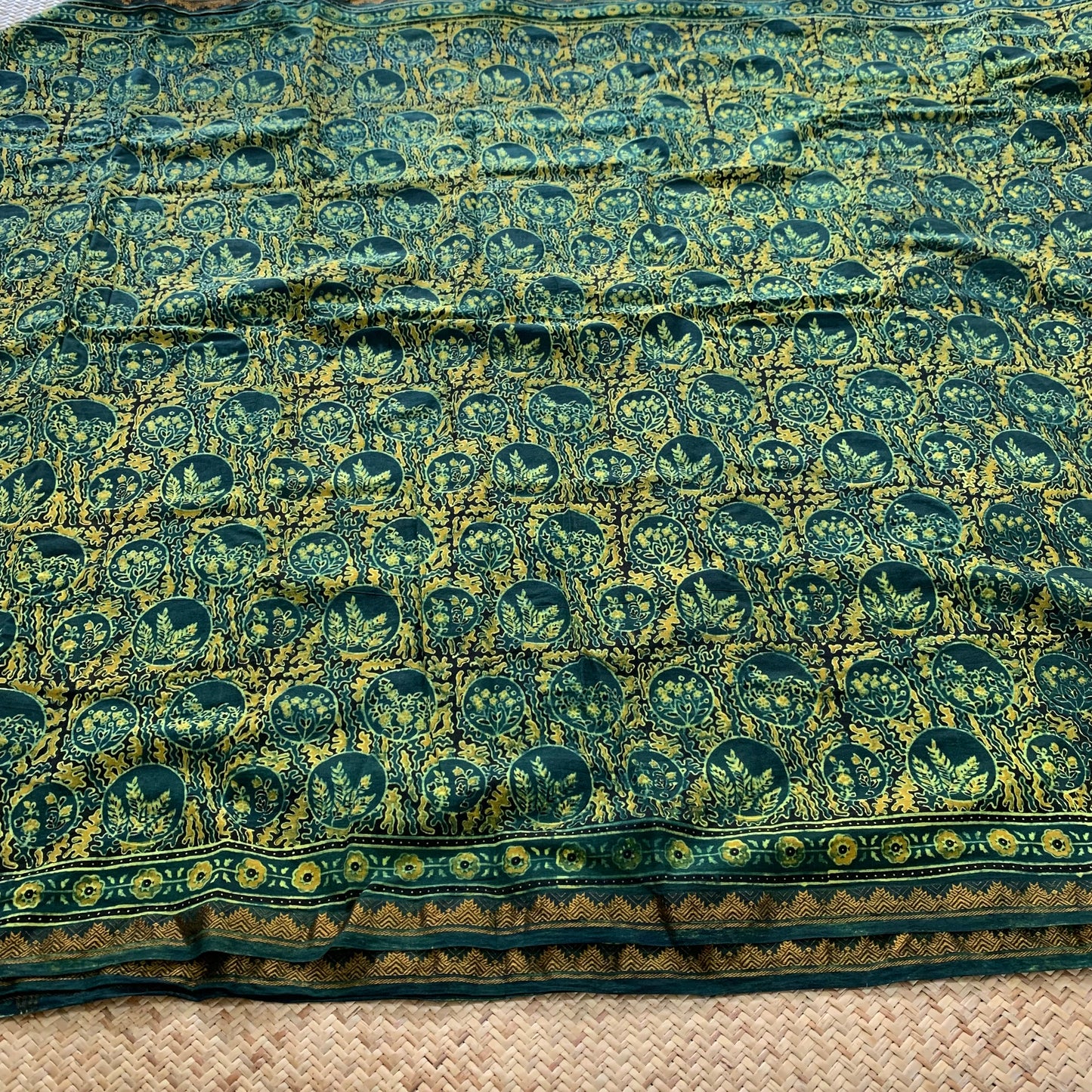 Algae- Green, Ajrak Hand Block Printed On Madurai Cotton Saree With Zari