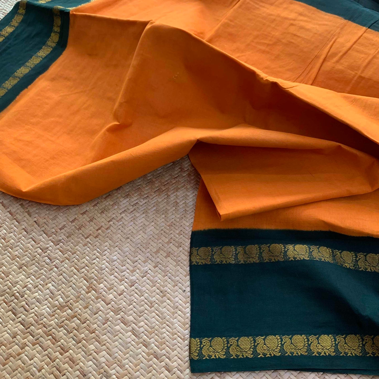 Yellow Saree With Green Border, Zari Annam Rettai Pettu Border , Clamp dyed (Kattu sayam).