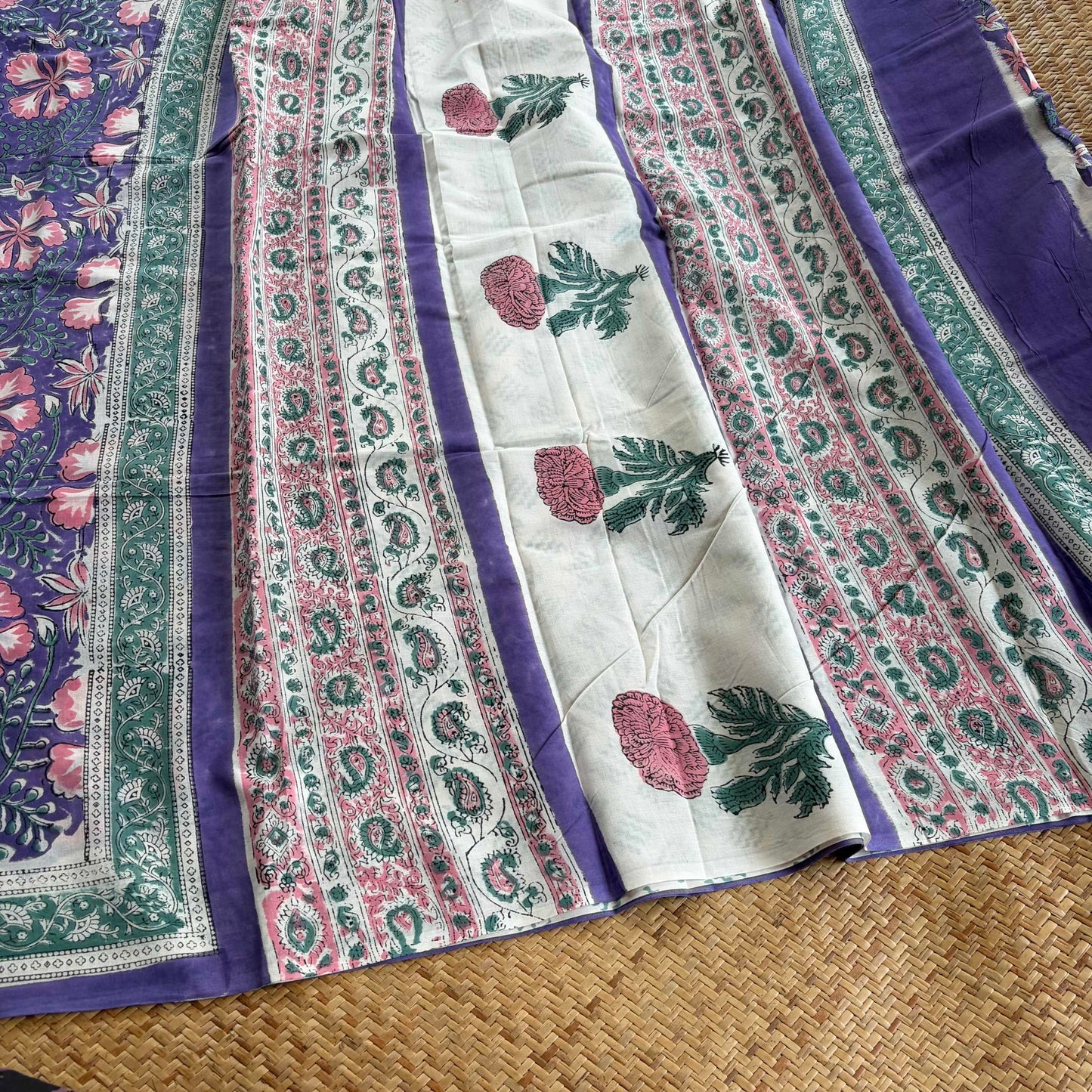 Mul Mul Cotton saree, Hand Block Printed, Purple