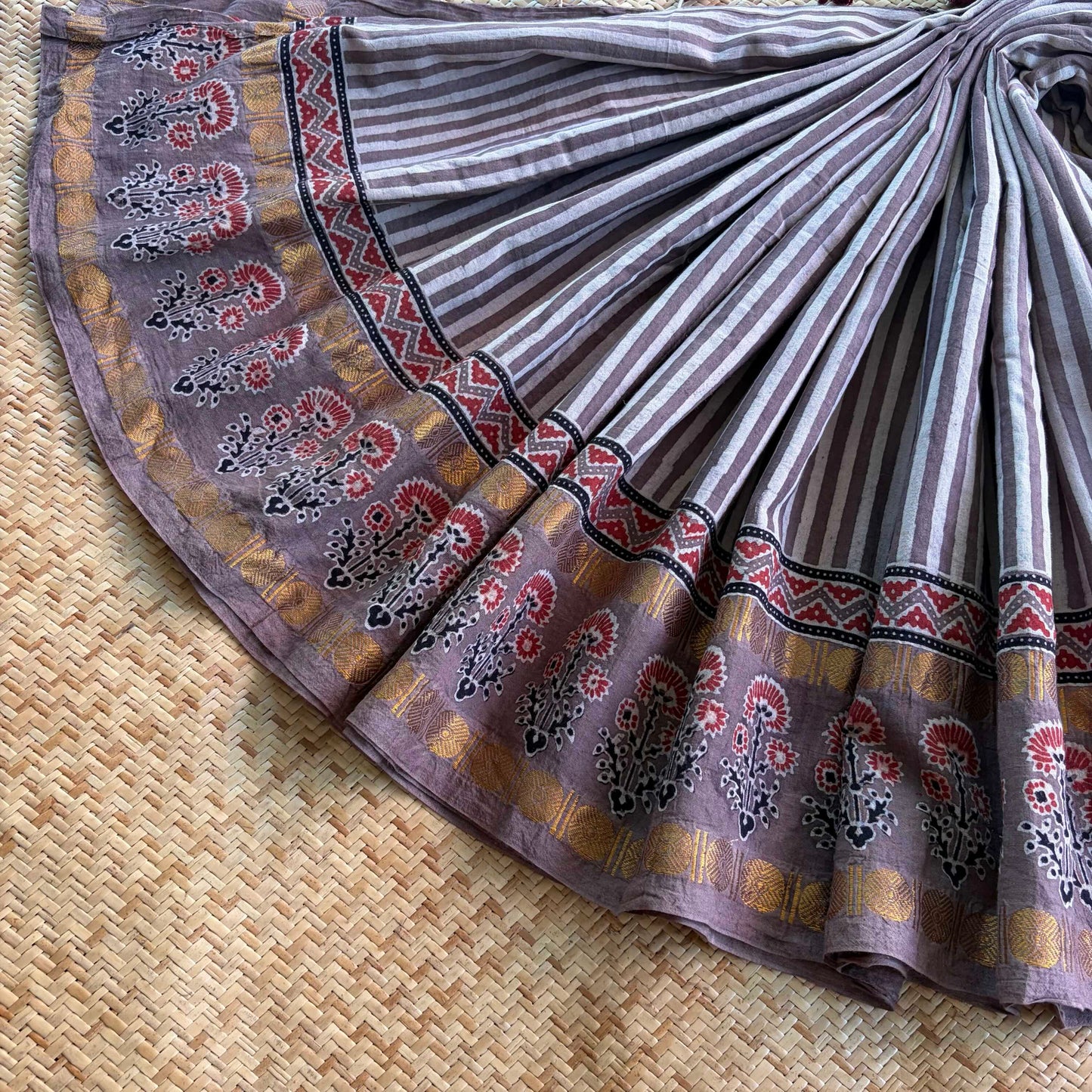 Nude, Ajrak Hand Block Printed On Madurai Cotton Saree With Zari