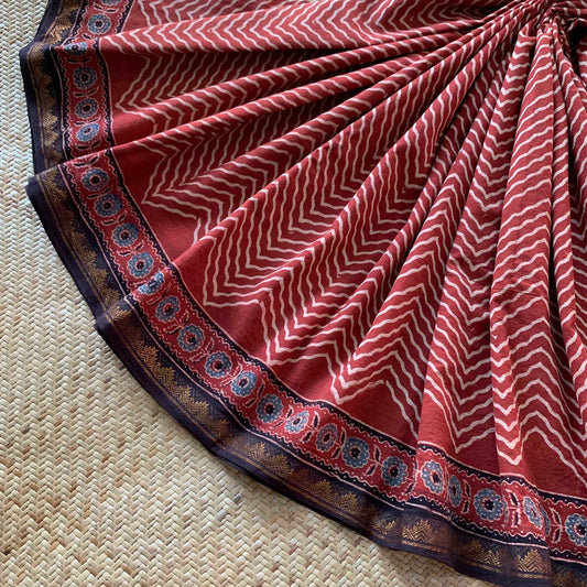 Herringbone Madder, Ajrak Hand Block Printed On Madurai Cotton Saree With Zari