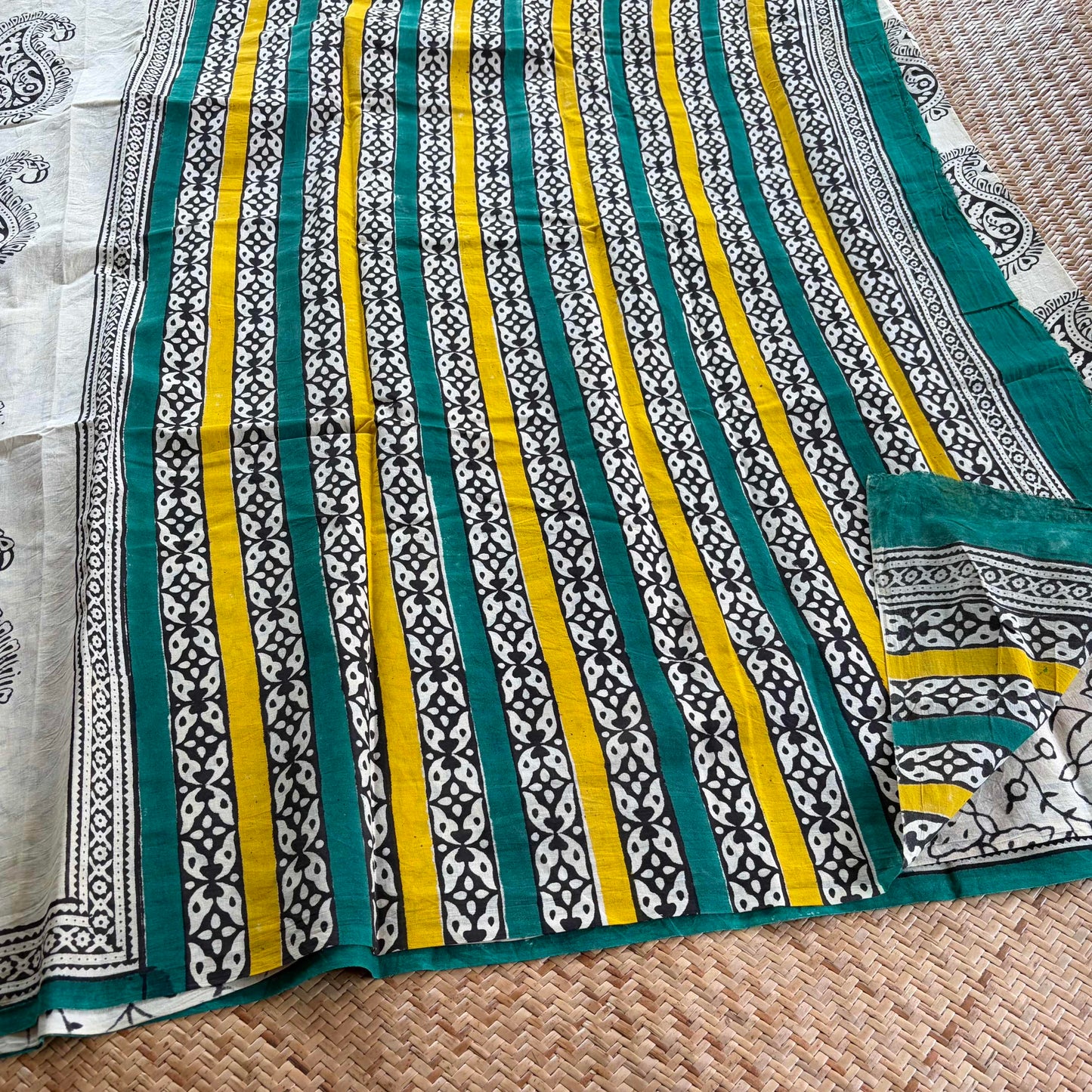 Mul Mul Cotton saree, Hand Block Printed, Beige
