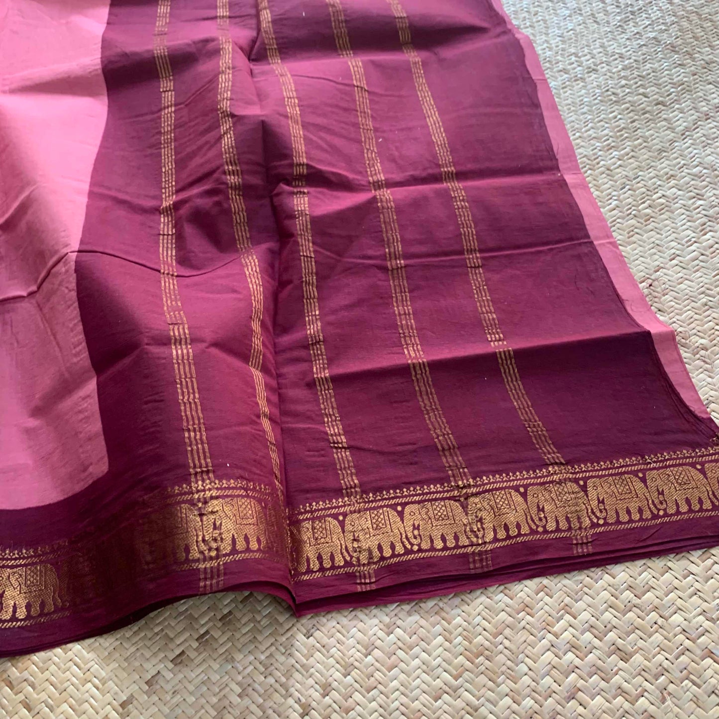 Dusty Pink Saree With Maroon Half Fine Zari Border, Clamp dyed (Kattu sayam).